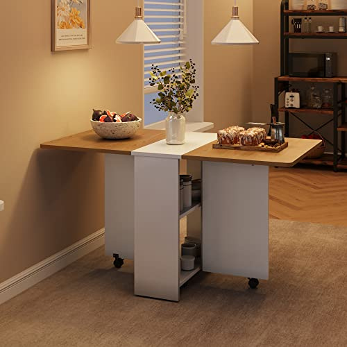 Crevyteg Mobiler Klappbarer Esstisch, Klapptisch mit 2 Offenen Ablagen, Küchentisch 120 x 60 x 75 cm, Esszimmertisch Klapptisch mit Rollen für Kleine Räume Esszimmer Küche, Naturholzfarbe