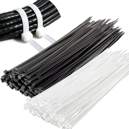 200 Pieces White and Black Cable Ties. Zip Ties Heavy Duty, Premium Nylon Material, Selflocking Design, 200mm*4mm Long Cable Ties, Perfect for Household, Office, Garden and Daily Cable Organization