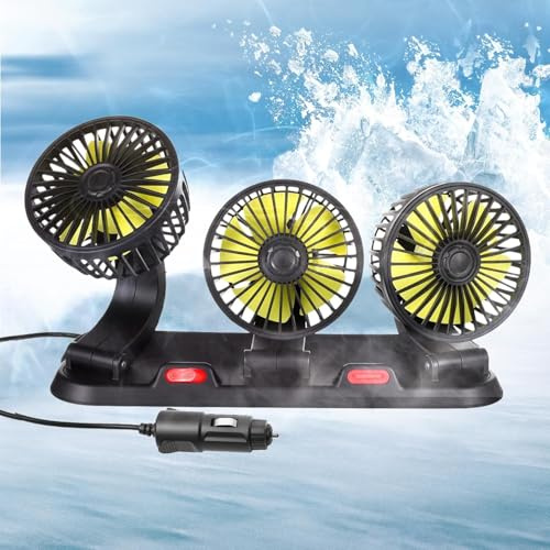 12V Auto Ventilator, Dreifach Lüfter Ventilator Auto 360° drehbar mit 2 Geschwindigkeiten Doppellüfter Geeignet für Autos, LKWs, SUV, RV