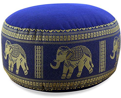 livasia Meditationskissen Thaiseide - Ø 32x20cm - Yogakissen klein mit Kapok, Pouf, Bodenkissen Yoga Zen Meditation, Sitzkissen Garten Balkon, Zafukissen handgefertigt (Blau/Elefanten Seide)