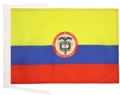 BANDERA de COLOMBIA CON ARMAS 45x30cm - BANDERINA COLOMBIANA 30 x 45 cm cordeles - AZ FLAG