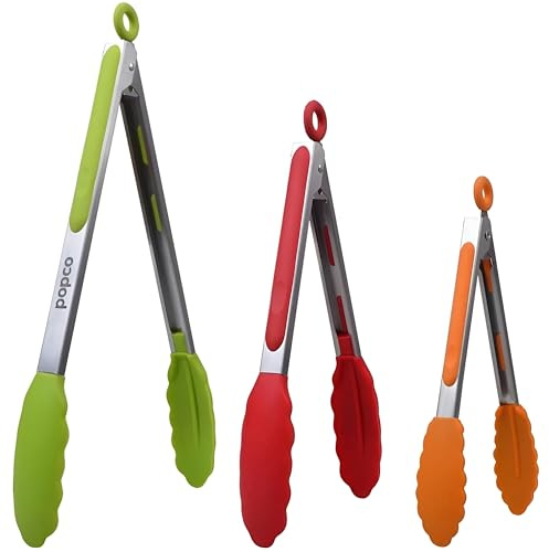 Popco 3 Piece Kitchen Tongs Set 7, 9, 12 Inch - Stainless Steel Nonstick Tongs with Silicone Tips - Heat Resistant and Dishwasher Safe for Cooking, Grilling, Salad, and Everyday Serving