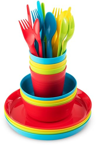 Plaskidy Kids Dinnerware Set for 4-24 Piece Plastic Childrens Dishes Dinnerware Sets Microwave/Dishwasher Safe BPA Free - Toddler Dinner Set Includes Kids Plates and Bowls Kids Cups Flatware Set