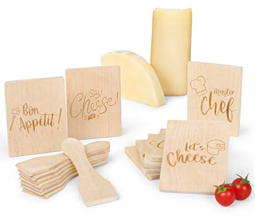 AMAZY Lot de 16 Accessoires Appareil à Raclette: 8 Spatules en Bois + 8 Dessous de Plat en Bois pour Poêlons à Raclette - Set Raclette pour Un Service à Raclette 8 Personnes, en Bois de Hêtre