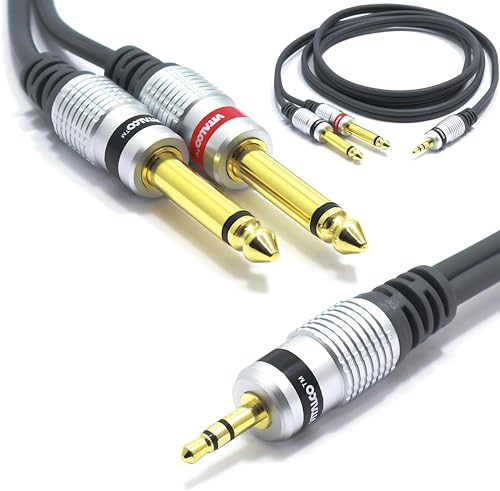 VITALCO 2 cavi splitter da 3,5 mm a 6,35 mm, 1 m, jack 1/8 stereo a doppio jack mono da 6,35 mm a maschio da 1/4, oro OFC