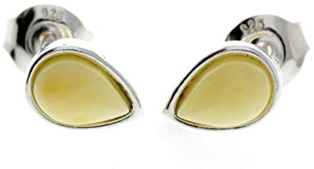 Pendientes pequeños de plata de ley 925 de ámbar báltico para mujer o niña M638 verde coñac y limón, 2x 6x4 mm, Piedra, Ámbar
