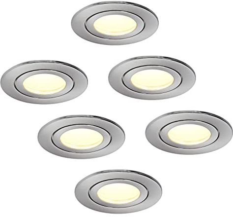 HCFEI 6er Set LED Einbaustrahler Chrom gebürstet - rund flach 5 Watt dimmbar Warmweiss 3000K 230V IP44 – geeignet für Bad, Küche, Sauna, Außenbereich – Ø65-75 mm Bohrloch, 120°Abstrahlwinkel