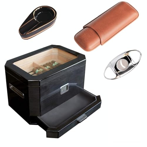 CASE ELEGANCE - Octodor Humidor with Cigar Cutter, Ashtray, and Travel Cigar case Bundle