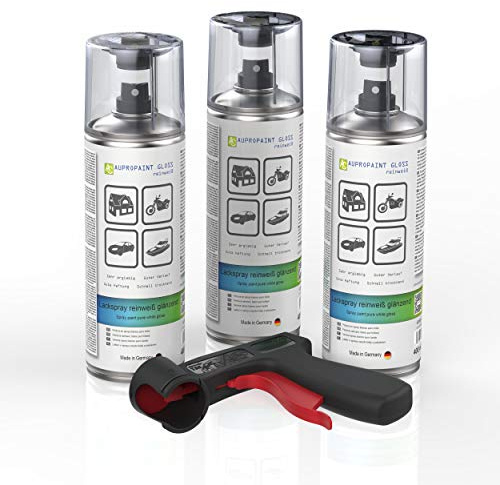AUPROTEC Lackspray AUPROPAINT GLOSS weiß glänzend Sprühlack Glanzlack Auto Lack Spray 3x 400ml + 1x Original Pistolengriff