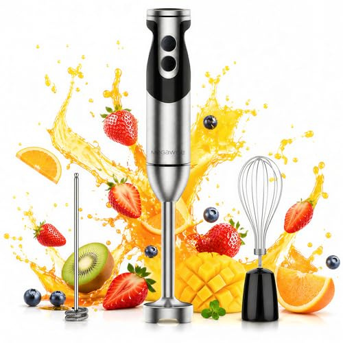 MegaWise Stainless Steel Titanium Reinforced 3-in-1 Immersion Hand Blender, Powerful with 80% Sharper Blades, 12-Speed Corded Blender, Including Whisk and Milk Frother (3-in 1 Black)