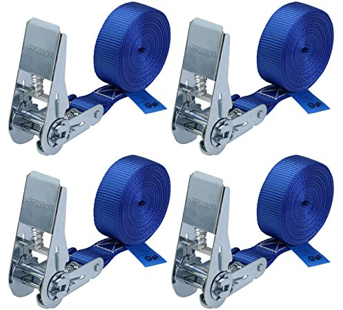 Spanngurt mit Ratsche Zurrgurt 4er Set Ratschengurt DIN EN 12195-2 blau 4 m oder 6 m, 25 mm breit - belastbar bis 800 kg, 4er Pack 2.5 cm x 4 m