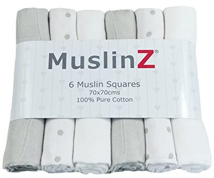 MuslinZ - Confezione da 6 panni quadrati in mussola, 70 x 70 cm, perfetti per neonati, multiuso, Oeko-Tex Standard 100, marchio britannico (grigio combinato, 6 pezzi)