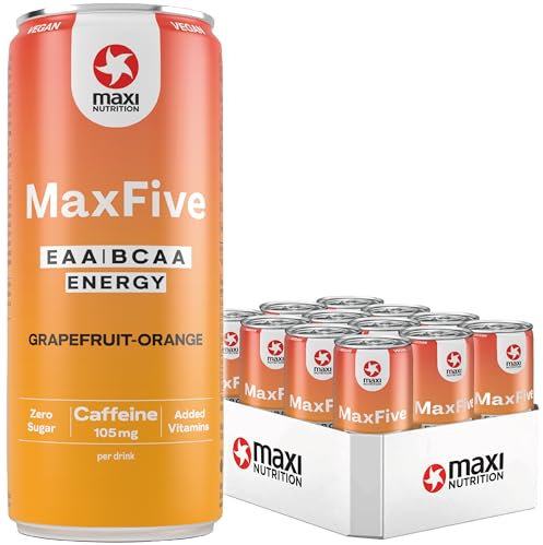 MaxiNutrition MaxFive veganes 5g EAA / 3g BCAA-Sportgetränk (2:1:1) Grapefruit-Orange, 12x 330 ml Einwegdose - Refreshment mit Aminos aus Mais & Zuckerrohr, ohne Zuckerzusatz, 105 mg Koffein, 30 kcal