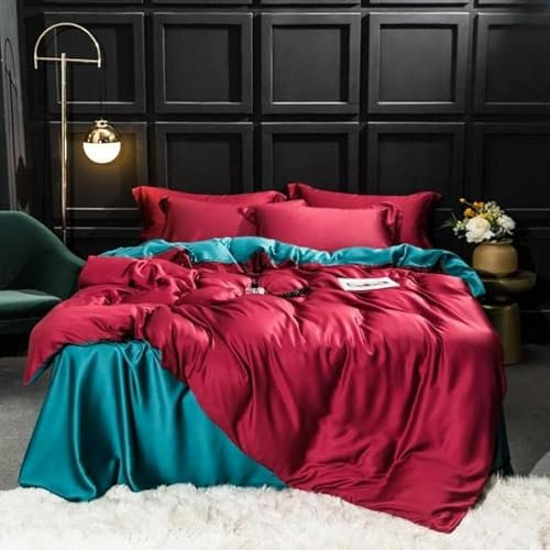 VIRUL Ensemble de literie en Soie Bleu foncé Ensemble de Housse de Couette en Soie Drap Plat Linge de lit Taie d'oreiller