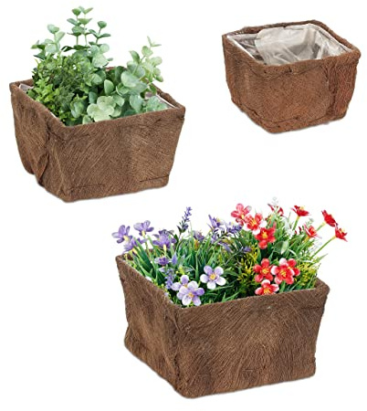 Relaxdays Blumentopf 3er Set, Kokosfaser, quadratisch, 3 Größen, Garten, Balkon & Fensterbank, Übertopf mit Folie, Natur | Garten, Balkon & Fensterbank, Übertopf mit Folie