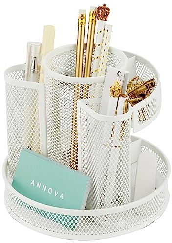 Annova Schreibtisch-Organizer, drehbar, mit 5 Fächern, rund, drehbar, für Süßigkeiten/Stifte, Schreibtisch, Zubehör, Büro, Kunstbedarf, Aufbewahrung, Klassenzimmer, Zuhause (Weiß)