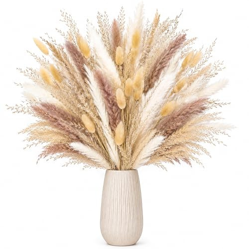 Der Rose 100 Pack 43cm Natural Dried Pampas Grass Plant with Bunny Tail Dried Flowers Bouquet Artificial Grass for Wedding Table Decoration Boho Home Decor