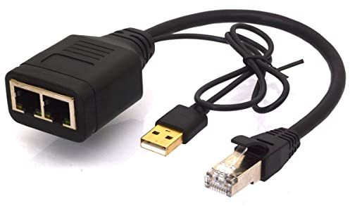 HTGuoji Adattatore sdoppiatore di rete RJ45, RJ45 da 1 a 2 LAN Ethernet, 1 femmina a 2 femmina, per Cat5/5e/6/7/8, supporta due dispositivi online contemporaneamente con alimentatore USB (1 maschio a