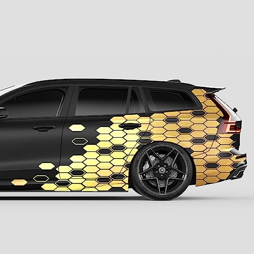 Finest Folia 2er Set XXL Auto Aufkleber je 200x60cm Motorrad Bus Sticker Kfz Zubehör Waben gestaucht Tuning Dekor Linien Design Folie KX082 (03 Gold)