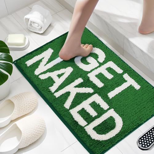 BOVEU Get Naked Badezimmerteppich, saugfähig, grün, maschinenwaschbar, rutschfeste Badematten für Badezimmer, Boden, Dusche, 43,2 x 61 cm, Dunkelgrün