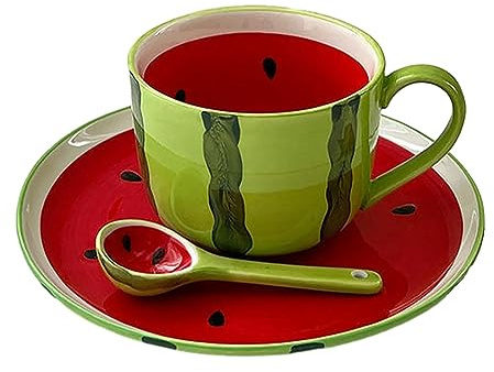400ml/13.5oz Watermelon Cute Fruit Mug Summer Creative Large Capacity Coffee Cup for office home restaurant cafe-Watermelon plate+spoon+cup