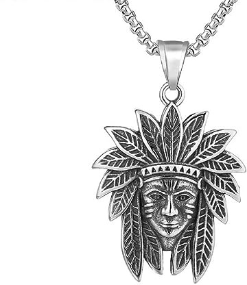 PikaLF Collana con testa di capo indiano da uomo, con ciondolo a forma di testa indiana e catena da 23,6 pollici, in acciaio inox punk rock, Acciaio inossidabile
