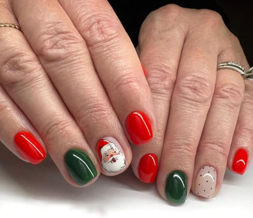 JUSTUSNX 24pcs rouge Noël faux ongles courts faux ongles père Noël, chapeau de Noël, presse sur les ongles pour les femmes et les filles (A)