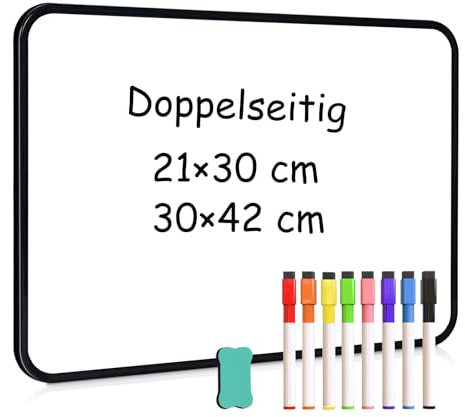 DOLLAR BOSS Doppelseitiges Whiteboard 30 x 42 cm, A4 Magnettafel Magnetwand, Klein Whiteboard Trocken Abwischbar Mini White board Magnetisch, Tragbares White Board mit 8 Stiften und 1 Radiergummi