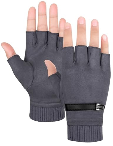 Becellen Fingerlose Wildleder Handschuhe, Thermo Schwarz Halb Handschuhe Touchscreen Winterhandschuhe für Herren Damen
