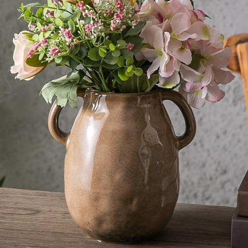 Kimdio Braune Keramikvase mit 2 Griffen, Moderne Bauernhausvasen für Heimdekoration, Vintage rustikale Keramikvase, dekorative Terrakotta-Vasen, Tonkrug für Wohnzimmer, Esstisch, Regal