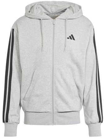 adidas herr Essential Three Stripes French Terry Fullzip Hoodie Sweatshirt, Medium Grey Heather/Black, XL