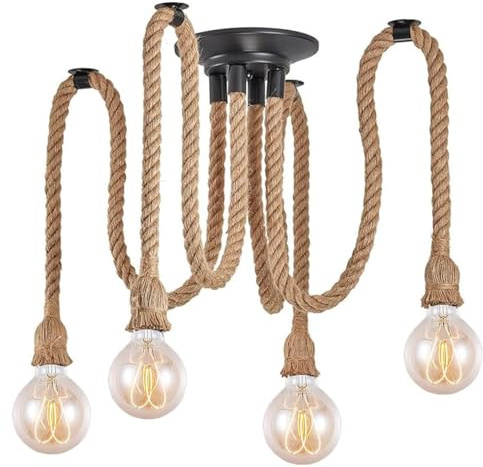 Mengjay Lampadario soggiorno a Sospensione,Lampadario corda,Lampadario Sospensione Industriale E27 lampadari in corda di canapa per Cucina Soggiorno Sala da Pranzo Bar Caffè Ristorante (4 teste)