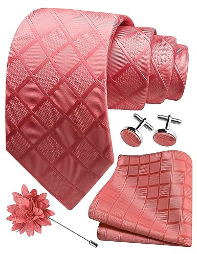 Gusleson Mens Coral Tie and Lapel Pin Silk Plaid Checkered Necktie Hankerchief Cufflinks Set for Wedding (UK6104-12)