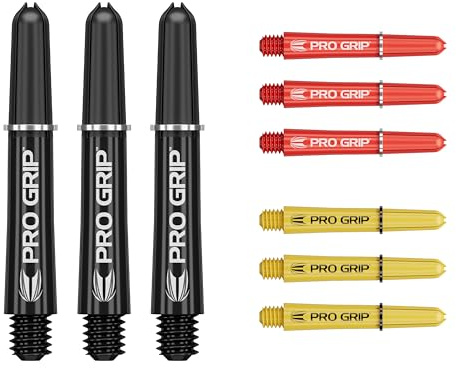 Target Darts PRO Grip Shafts – set med 9 | 3 färger, svart/gul/röd, 33,5 mm | dartstjälkar, professionella darttillbehör, multipack 2BA stjälkar med ringar