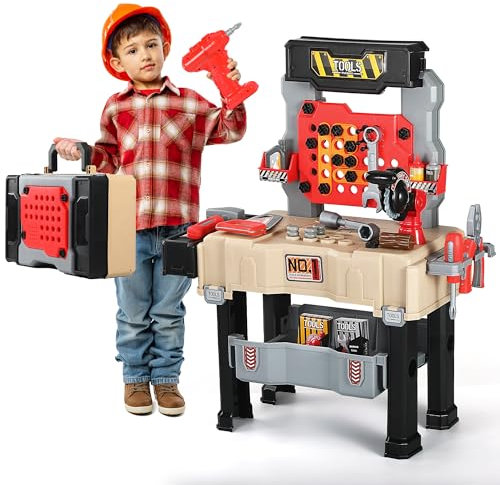 Kids Tool Bench - Power Tools Workshop-Kids Workbench, 65 Pcs Realistic Toy Tools with Electronic Toy Drill, Gift for Boys & Girls Age 3-5, Khaki