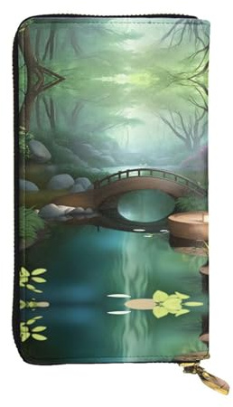 WHJWXC Portefeuille en cuir 19 x 10,5 cm – Portefeuille élégant et durable pour femme avec plusieurs compartiments et fermeture éclair Motif Little Bridge in the East, noir, taille unique, Noir ,