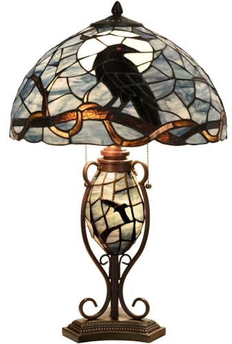 Bieye L30954 Tischlampe aus Buntglas im Tiffany-Stil, Rabe sitzt auf kahlem Ast in Vollmondnacht für die Inneneinrichtung, Dunkelblau, 16Bx24H
