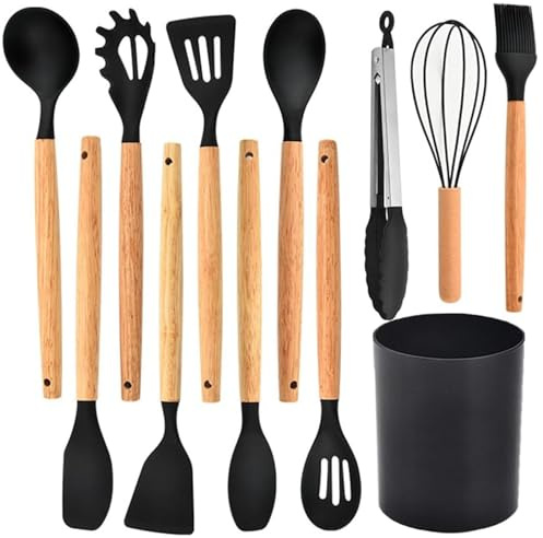 12-Piece Silicone Kitchen Utensil Set with Wooden Handles, Heat-Resistant, Nonstick Cooking Tools Set with Tongs, Spatula, Spoons & Storage Bucket, Dishwasher Safe for Home & Camping (12, Black)