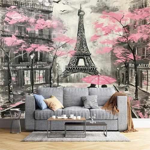 JEDTAKCT Papier Peint Panoramique Paris Romantique 400X280Cm - Photo Décoration Murale – Papier Peint Mural Pour Cuisine Chambre, Salon, Fond Tv - Tour Eiffel - Revêtement Mural