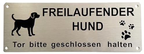 1 Stück Warnschild Hund Achtung Freilaufend, Aluminium mit Selbstklebend & Vorgebohrten Löchern, 25x9cm, Innen/Außen geeignet