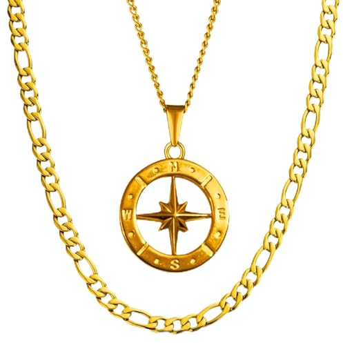 DVRK® Set Regalo Hombre 2 Collares en Caja Joyería - Pack 2 Cadenas Bañadas en Oro 18k sobre Base de Acero Inoxidable 316L - Regalo Novio, Pareja, Padre, Papa (Pack Cadena Figaro y Collar Compass)