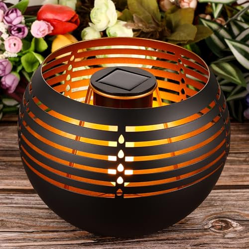 Luz solar para cuenco de fuego de 7.87 pulgadas para exteriores, diseño de metal negro mate y dorado, brillo amarillo cálido constante, decoración impermeable de jardín/patio (sin llamas parpadeantes)
