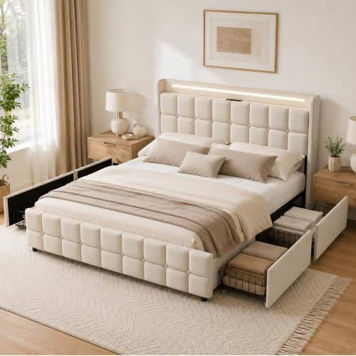 DULRLLY Bett mit Stauraum 140x200 cm Polsterbett Doppelbett mit USB Ladefunktion und LED-Kopfteil und 4 Schubladen Stauraumbetten Jugendbett Bettgestell mit Lattenrost, Ohne Matratz,Linnen