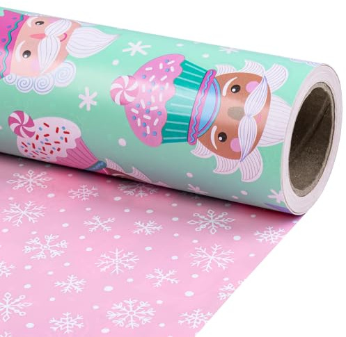 RUSPEPA Weihnachts-Wende-Geschenkpapierrolle für Mädchen, Mini-Rolle, süßer Weihnachtsmann mit Süßigkeiten-Design und rosa Schneeflocke für Weihnachtsgeschenke und Weihnachtsfeiern, 43,2cm x 5m