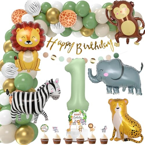 Deko 1. Geburtstag Junge Mädchen, Geburtstagsdeko 1 jahr, Grüne Dschungel Erster Geburtstags Deko, Waldtiere Safari Tiere Folienballon für Kindergeburtstag, Wild One Geburtstag Deco