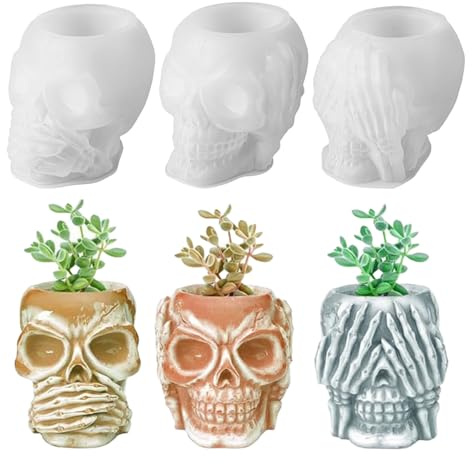 3 Stück Totenkopf Epoxidharz Formen, 3D Schädel Silikonformen für Kerzen | Totenkopf Harzformen für Gießen von Blumentöpfen, DIY-Handwerk, Heimdekoration, und Halloween Party