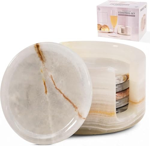 SPESHSTONES Juego de 6 Posavasos de Mármol de Ónix Crema de 3,5 Pulgadas Redondos de Piedra para Bebidas con Soporte - Posavasos Ideales para Accesorios de Cafetería, Regalos, Mesa de Comedor y