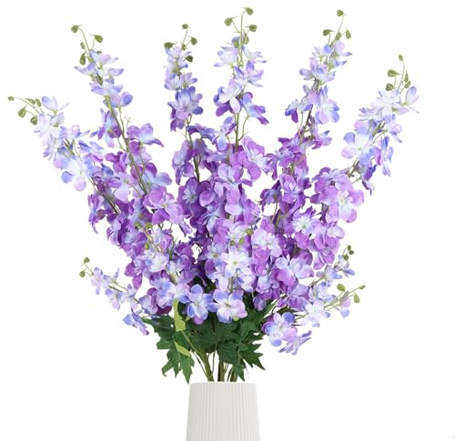 Rzoukler 6Pcs Artificial Delphinium Flowers 37.4’’Purple Fake Larkspur Flowers Silk Flowers with Long Stems for Tall Vase Table Centerpiece Home Wedding Party Garden Decor(Purple)