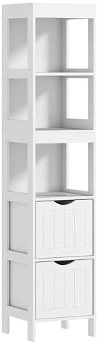 HOMCOM Badezimmerschrank schmal, Toilettenschrank Badschrank mit 3 offenen Fächern und 2 Schubladen, Hochschrank für Badezimmer, Wohnzimmer kleine Räume Weiß 30 x 30 x 141,2 cm