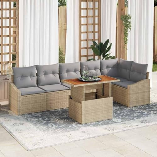 Qnhdfrt 7-teiliges Gartensofa Set aus Poly-Rattan in Beige mit Kissen, modernes Outdoor-Loungeset für Balkon und Terrasse